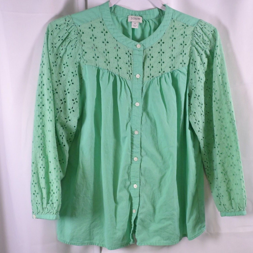 J. Crew Green Mint‎ Eyelet 3/4 Sleeve Button-Up Cotton Shirt Women's Small
